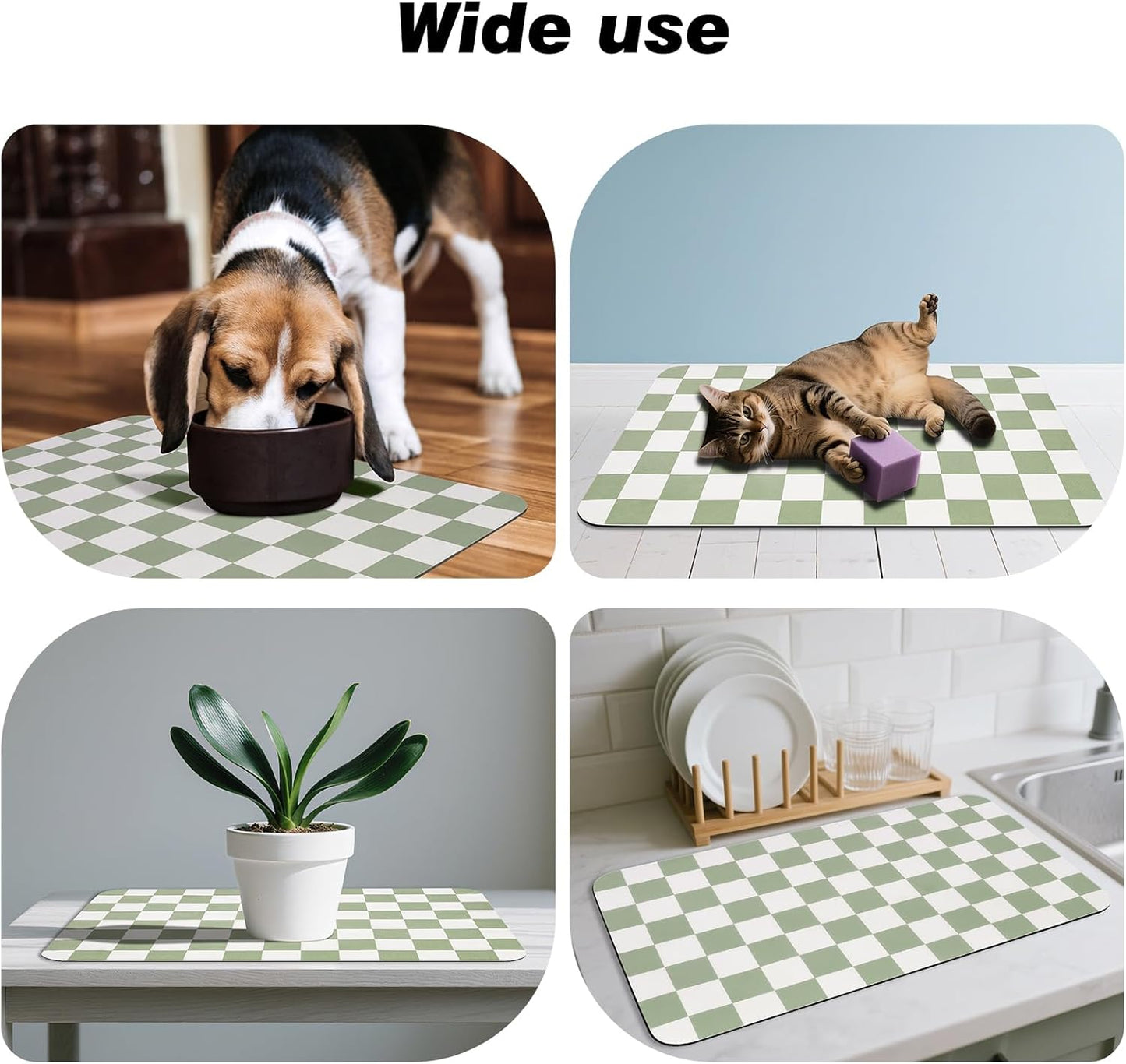 CooRug Checkered Dog Food Mat, Absorbent Leak-Proof Pet Feeding Mat, Quick Dry Cat Food Mat for Messy Drinkers 12" x 20" Khaki