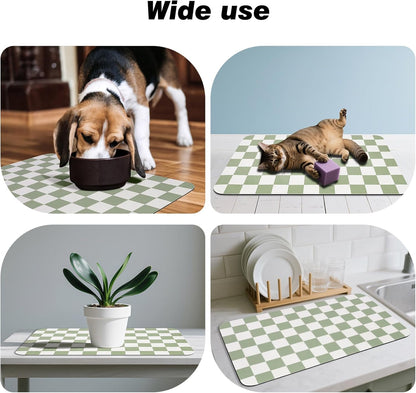 CooRug Checkered Dog Food Mat, Absorbent Leak-Proof Pet Feeding Mat, Quick Dry Cat Food Mat for Messy Drinkers 12" x 20" Khaki
