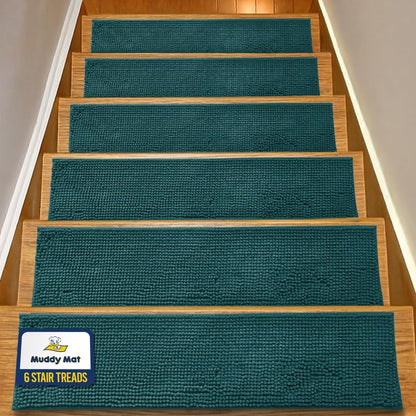 Muddy Mat® Pack of 4 - Soft Chenille Stair Treads Non-Slip Reusable, Super Absorbent Stair Treads for Wooden Steps, Tile & Marble Floor, Easy to Install & Machine Washable - Grey 30'' x 7''