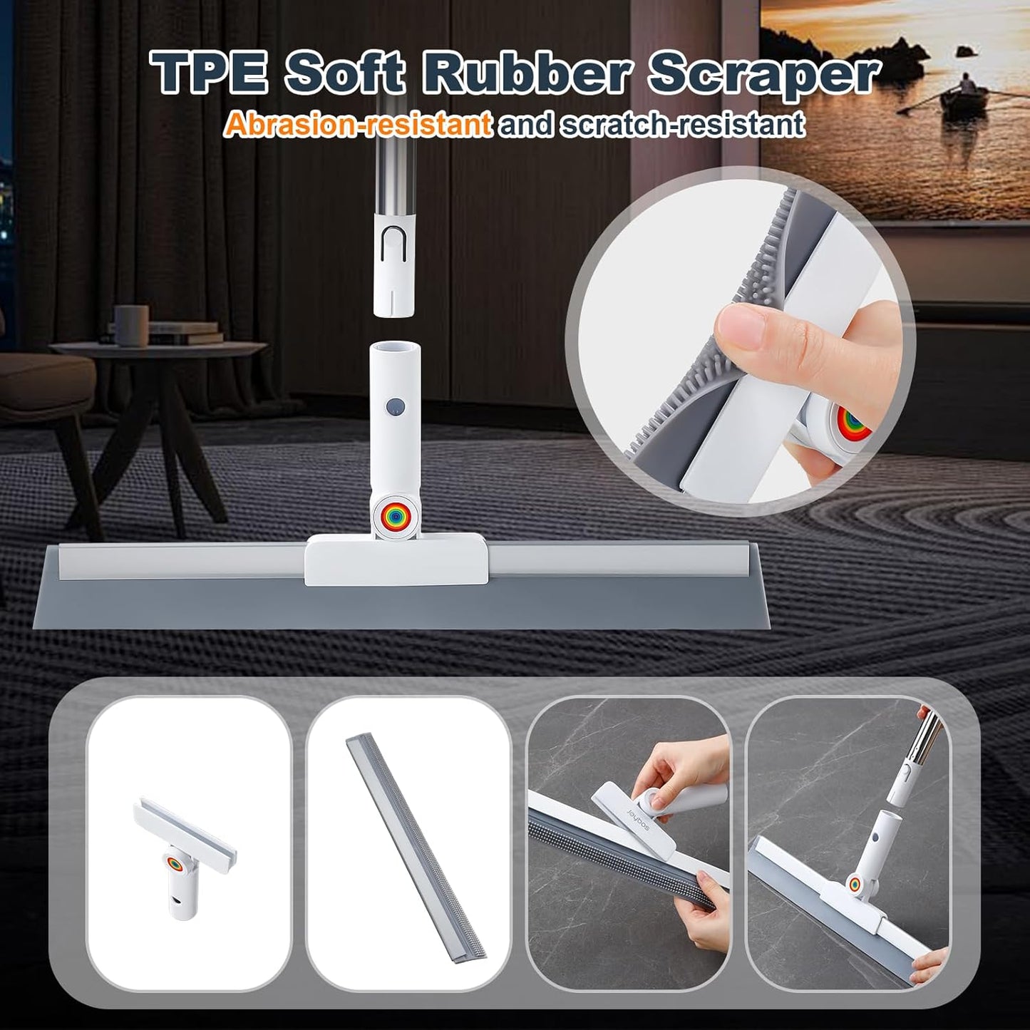 Rubber Squeegee Broom for Floor,62" Long Handle Window Squeegee, Silicone Pet Hair Remover,Magic Squeegee Broom for Indoor Cleaning,Cleans Glass, Hair, fine dust, Liquids, Suitable Smooth Floors, Rugs