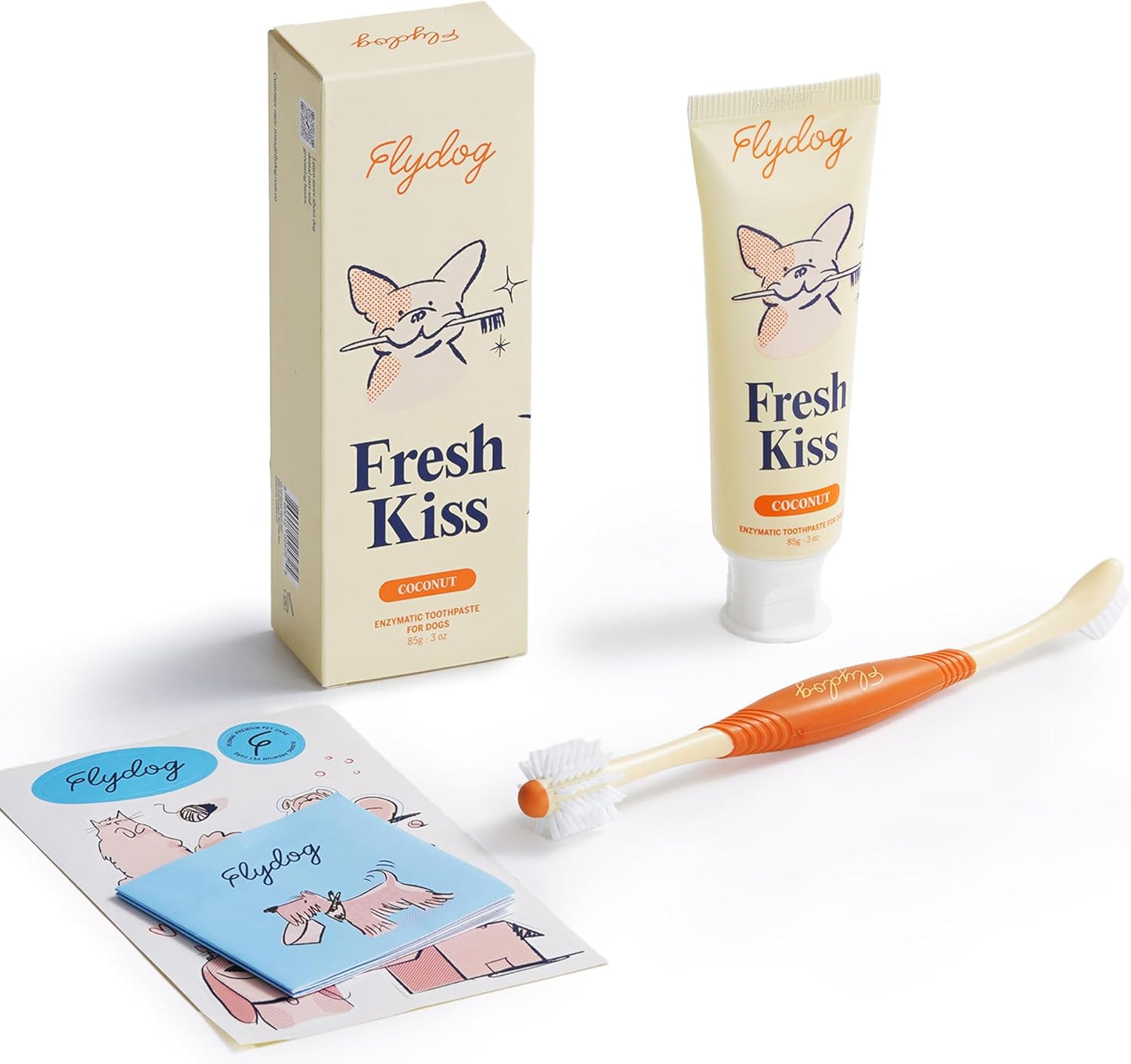Flydog Fresh Kiss Dog Tooth Brushing Kit, Enzymatic Dog Toothbrush and Toothpaste- Vet Approved Formula, Breath Freshener & Tartar Remover, 360° Toothbrush for All Round Cleaning (Peanut Butter)