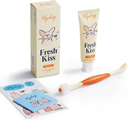 Flydog Fresh Kiss Dog Tooth Brushing Kit, Enzymatic Dog Toothbrush and Toothpaste- Vet Approved Formula, Breath Freshener & Tartar Remover, 360° Toothbrush for All Round Cleaning (Peanut Butter)