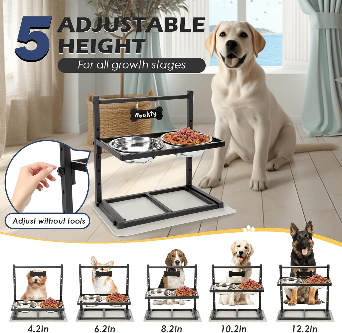 ADENGL Metal Raised Dog Bowl, 10" Tall Elevate Dog Feeder Stand with 2 Stainless Steel 42oz Bowls & 16x24 Non-Slip Mat – Stronger Dogs Food & Water Bowl Stand (Black)