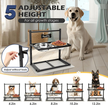ADENGL Metal Raised Dog Bowl, 10" Tall Elevate Dog Feeder Stand with 2 Stainless Steel 42oz Bowls & 16x24 Non-Slip Mat – Stronger Dogs Food & Water Bowl Stand (Black)