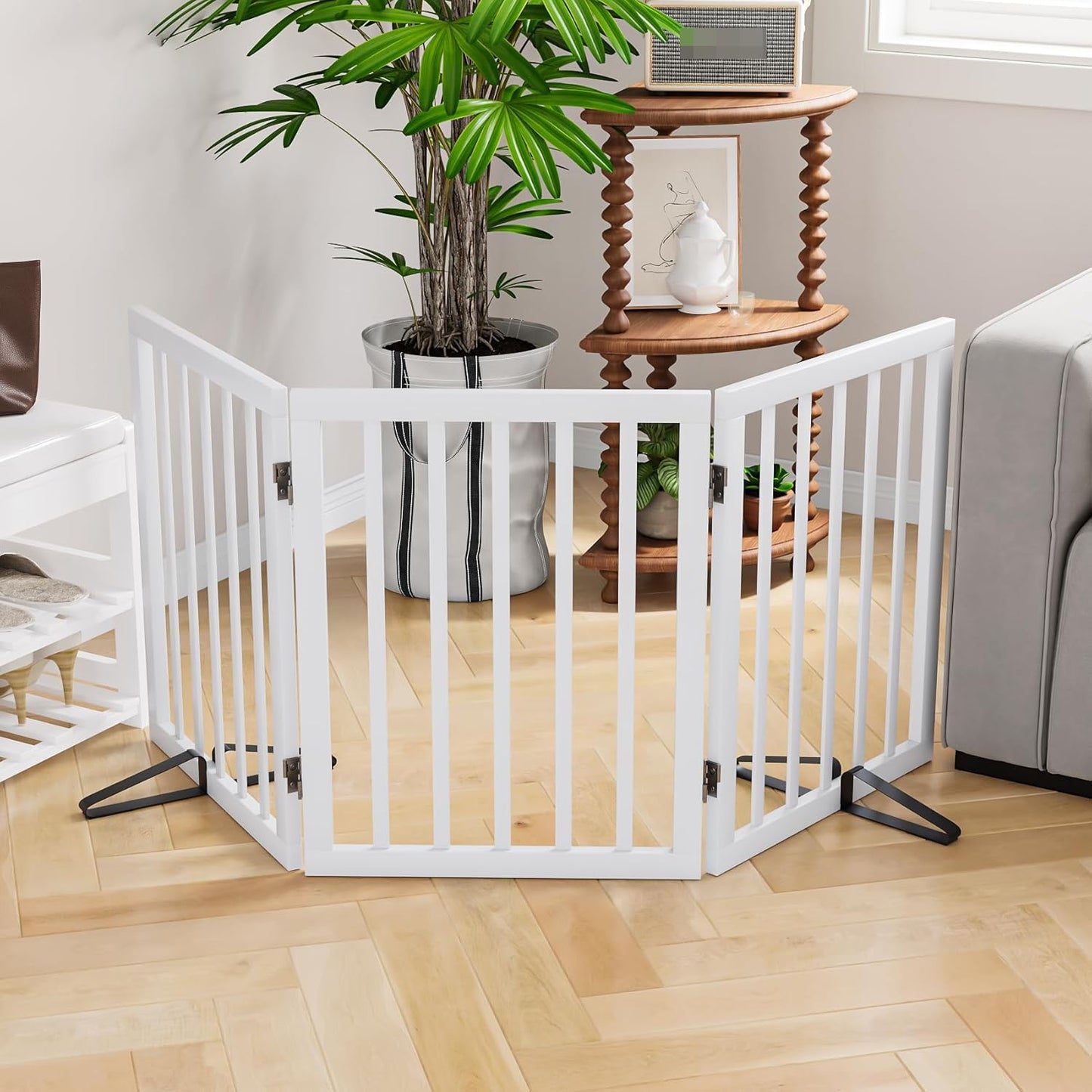 Freestanding Dog Gates Indoor, 3-Panel Pet Gates with 2 Metal Stands and 360° Hinge, 24" H Foldable Dog Gate for Stairs, Doorway, Kitchen, Expands Up to 55" Fully Assembled - Black Walnut
