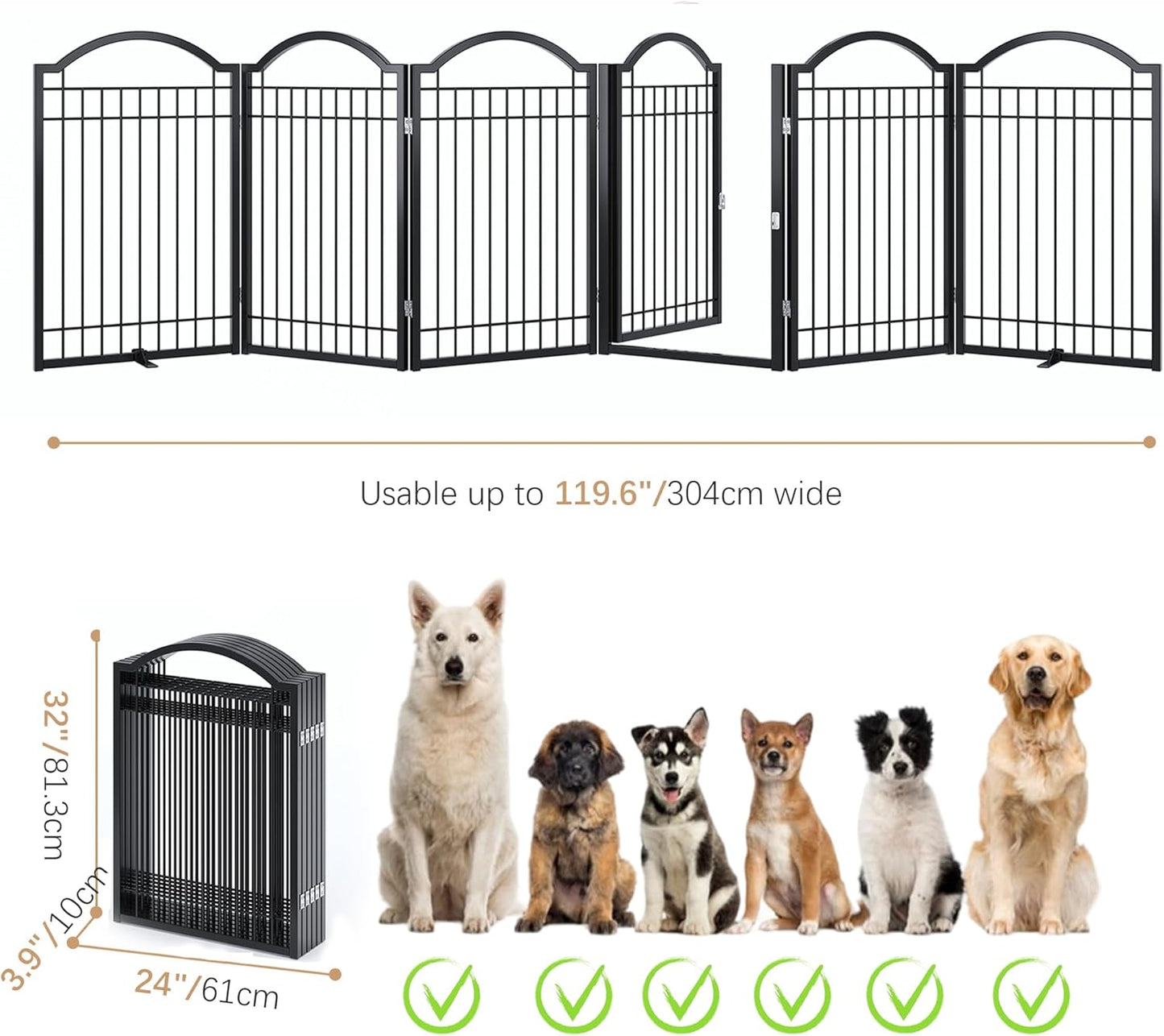 BHG Metal No-Assembly Freestanding Dog Gate with Door Walk Through, Extra Wide 144", Extra Tall 32" Pet Gate, Accordion Puppy Folding Playpen Dog Fence, with 2PCS Support (Black, 6 panesl)
