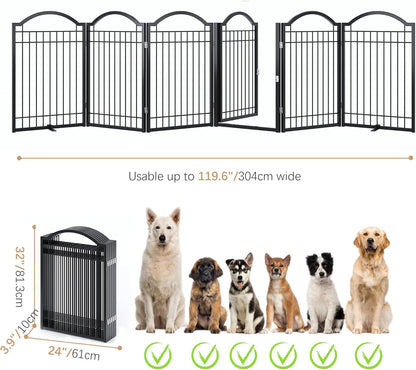 BHG Metal No-Assembly Freestanding Dog Gate with Door Walk Through, Extra Wide 144", Extra Tall 32" Pet Gate, Accordion Puppy Folding Playpen Dog Fence, with 2PCS Support (Black, 6 panesl)