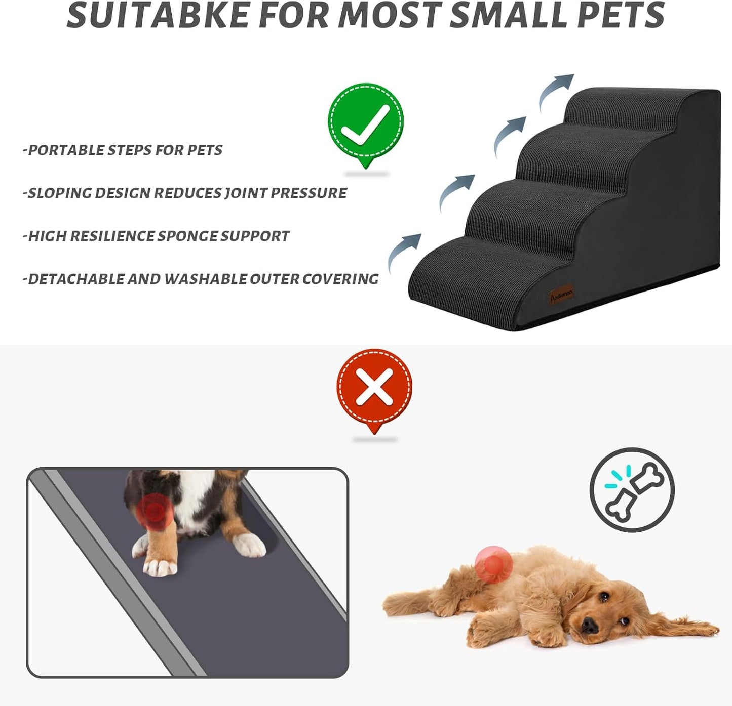 Aodisman 3-Step Dog Ramp and Stairs for Sofa and Chair - Non-Slip Sturdy Pet Steps for Small Dogs and Cats,15.7" H,Grey