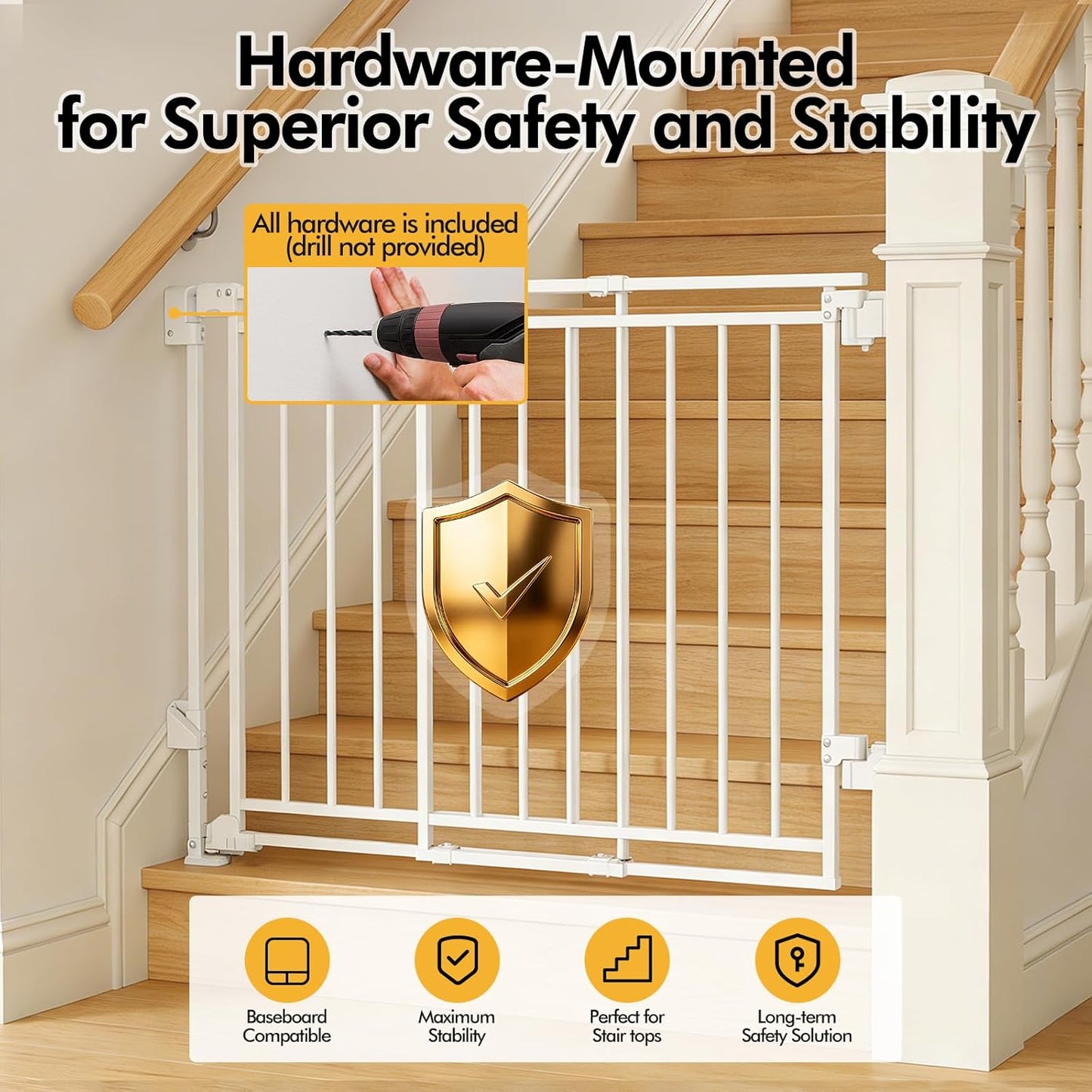 Baby Gate for Stairs & Doorways - Fits Openings 26 to 43 Inches Wide (Must Drill to Install) | 29" Extra Tall with No Bottom Bar | One-Handed Auto-Close Walk-Thru Gate for Kids & Pets, Black