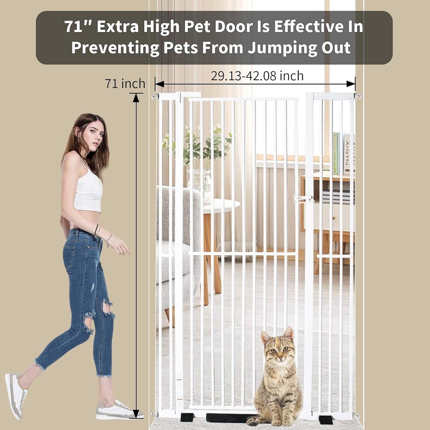 YZHDUXIU Extra Tall Cat Gate,Extra Wide Adjustable Gate,Pressure Mounted Walk Through Swing Safety Dog Pet Gates for Stairs, Doorways, Kitchen (White, 71''Tall*43 ''Wide)