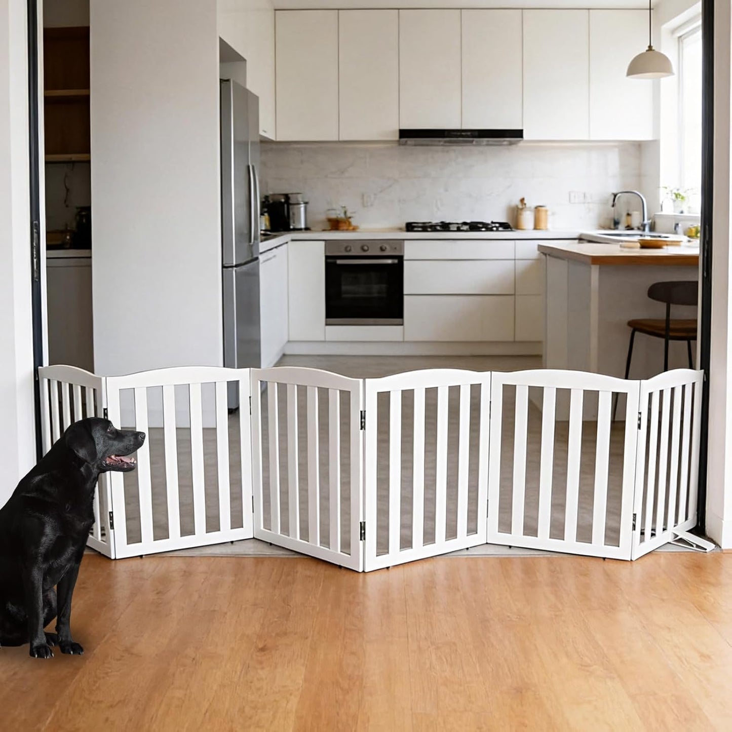 Freestanding Dog Gate Indoor,Doggie Gate Foldable Pet Gates for Doorways,Stairs or Hallways, Wooden Brown Pet Gate for the House, Pet Fence with Support Feet Included,24 "Height-3 Panels