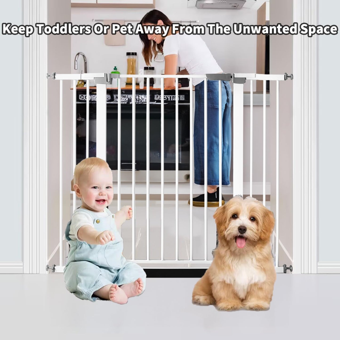 41 Inch Tall Baby Gate Auto Close Dog Gate Adjustable 29.92"-57.48" Wide Pressure Mounted Walk Through Swing Pet Gate for Doorways (White, 29.92"-57.48" Wide)