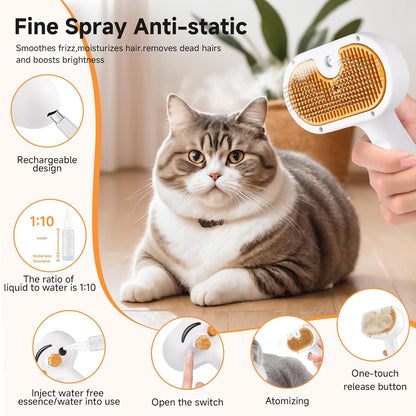 Pet Steam Brush for Dog & Cat – 3-in-1 Spray Hair Removal Comb for Shedding & Grooming, Softens Fur & Reduces Static – Water Brush for Long & Short Coats, Bath-Hating Pets, Includes Waterless Shampoo