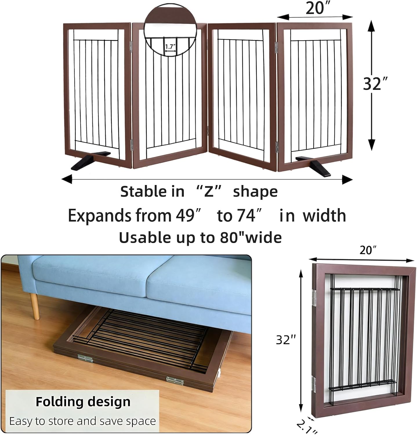 ZJSF Freestanding Dog Gate Indoor, Foldable Dog Fence for Doorways,Hallways or Stairs, Sturdy Wood Extra Wide Pet Gate with Support Feet,Black,24 "Height-3 Panels