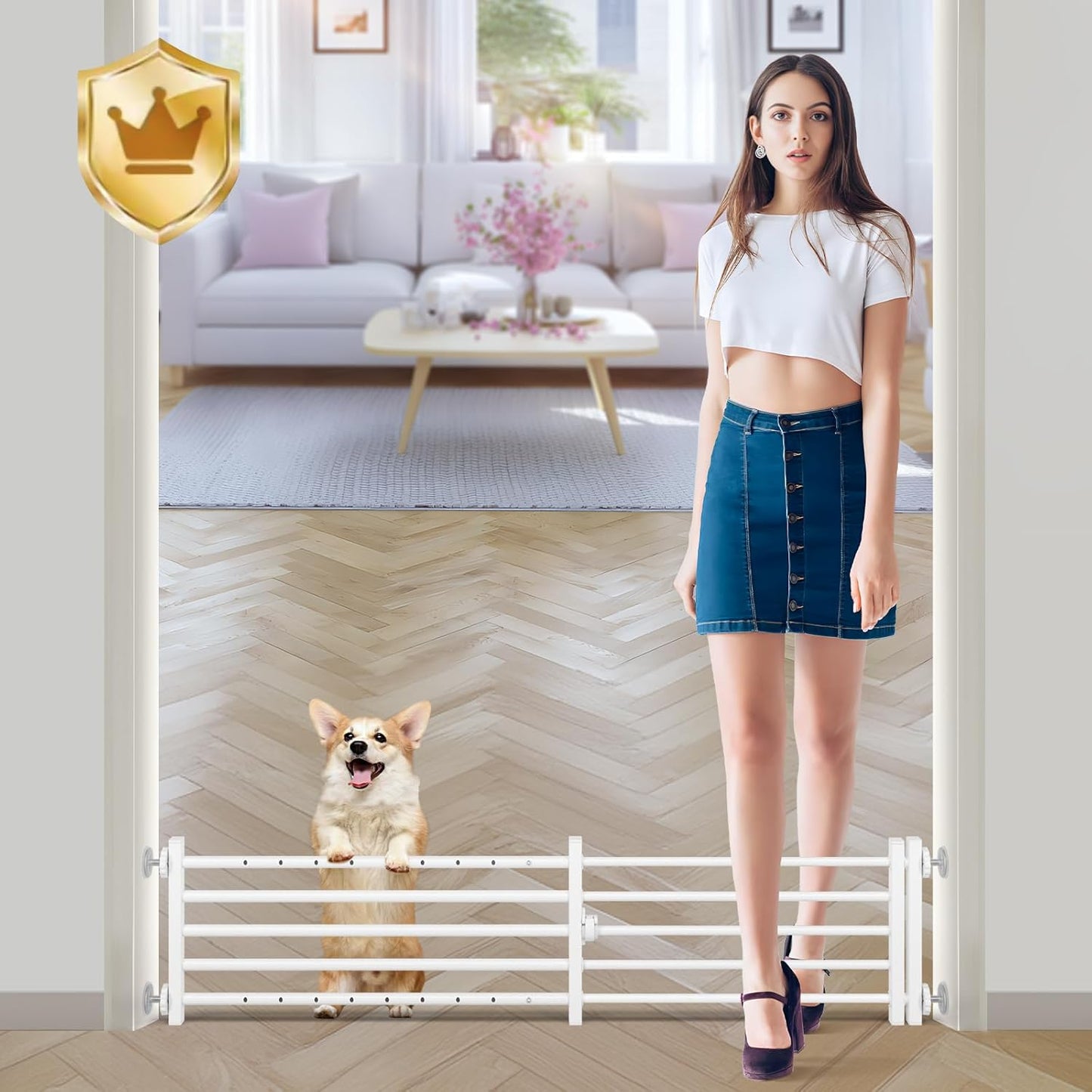 Malier Indoor Dog Gate with Door, 26-41" Extra Wide Full Metal Pet Gate Short Dog Gate for Stairs, Pressure Mount 10'' Tall Small Puppy Low Gate Easy Step Over for Doorways
