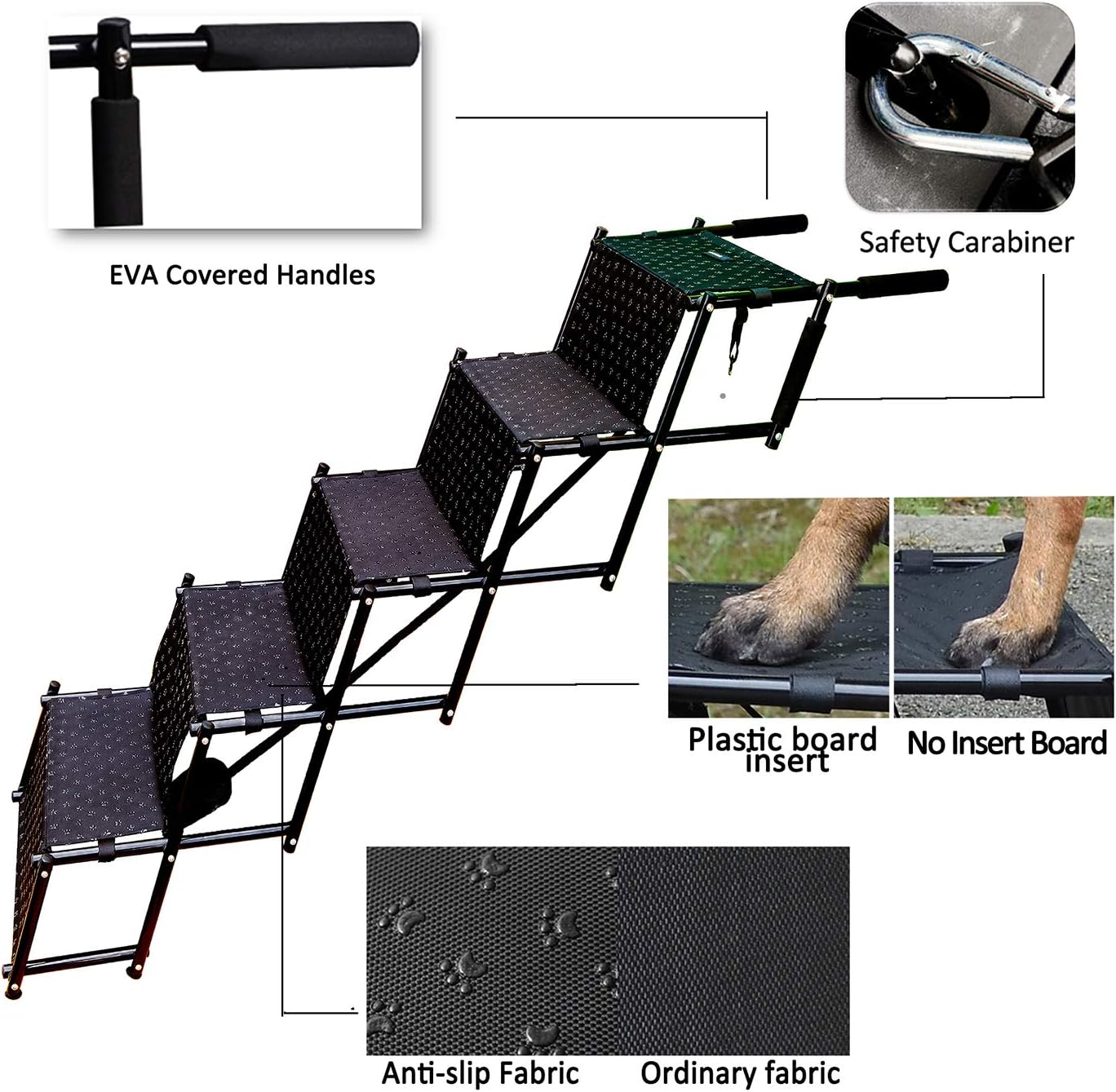 Upgraded Dog Stairs, Metal Frame Foldable Large Dog Step, Lightweight Portable Pet Ladder Ramp for Cars, SUVs and High Bed, 5 Steps