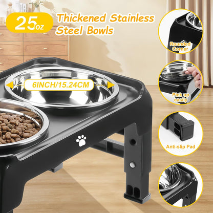 Elevated Raised Dog Bowl Stand with 2 Stainless Steel Bowls, Adjustable Height for Medium Large Dogs, 12.36" - 3.7" Foldable Feeder, Grey