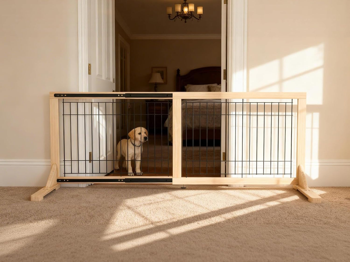 Extra Wide Freestanding Dog Gate, Adjustable Width 31.5"–61", 19.7" Tall Indoor Pet Gate for Kitchen, Living Room & Stairs, Wooden Metal Frame No-Drill Pet Barrier