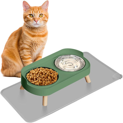 Elevated Cat Bowl, Raised Cat Food and Water Bowl Set for Indoor Cats, Splash Proof with 2 Stainless Steel Pet Food Bowls for Cats and Puppies, Whisker Fatigue and Dishwasher Safe - White