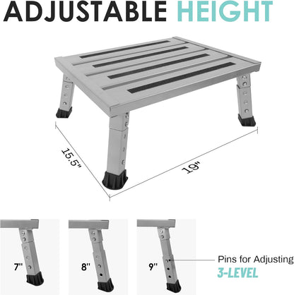 Adjustable Height Aluminum RV Step, Stable Foldable Platform Step Stool, Supports Up to 1,000 lb, Non-Slip Rubber Feet and Platform Mat, Easy to Carry (Black)