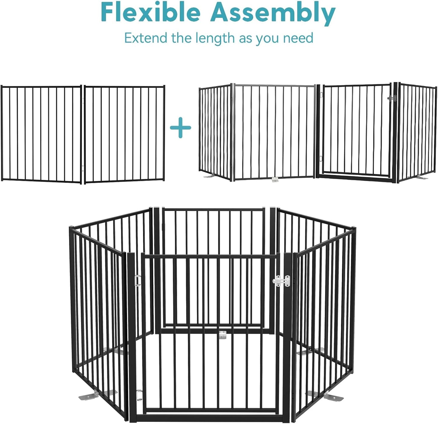 No Pawblems Free Standing Dog Gate with Door, 30'' Tall Foldable Dog Fence for Indoor & Outdoor, Up to 78 Inch Extra Wide Puppy Gate for Stairs, Hallways, Doorways, Deck, Yard (Black, 3 Panels)