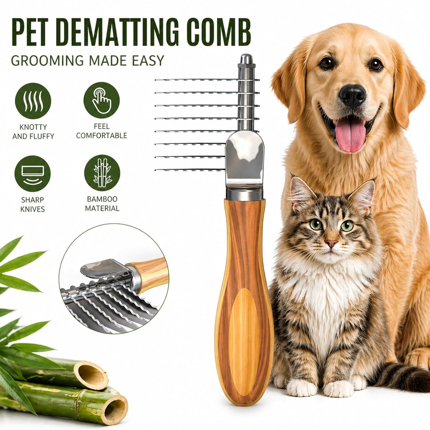Pet Dematting Comb with Bamboo Handle, Dog Cat Grooming Brush for Removing Mats, Knots, Tangles & Loose Fur, Stainless Steel Undercoat Rake for Long & Short Haired Pets