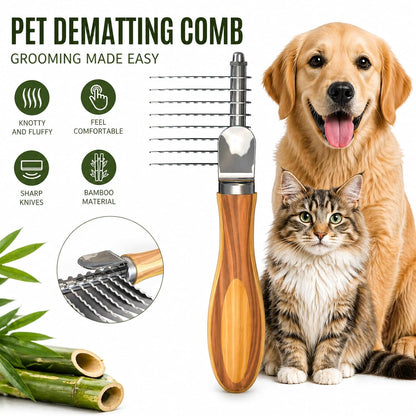 Pet Dematting Comb with Bamboo Handle, Dog Cat Grooming Brush for Removing Mats, Knots, Tangles & Loose Fur, Stainless Steel Undercoat Rake for Long & Short Haired Pets