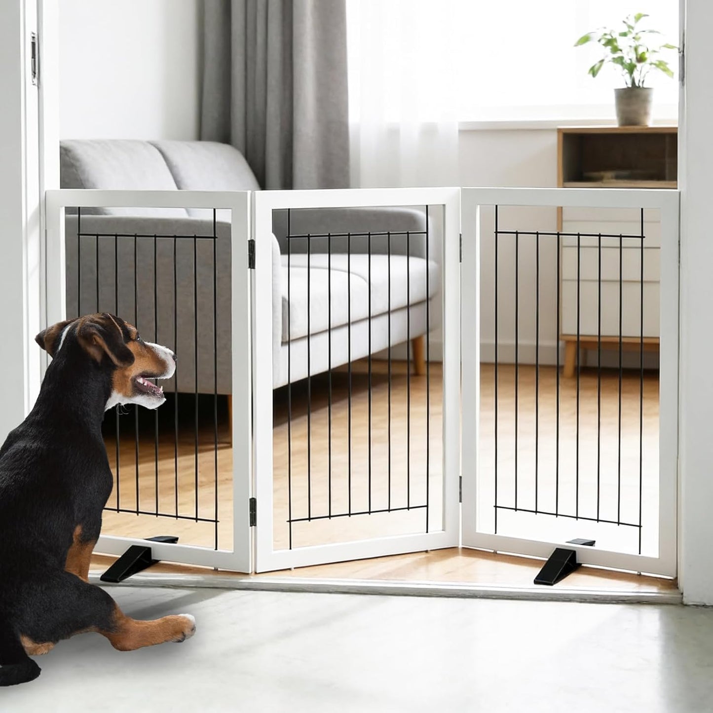 ZJSF Freestanding Dog Gate Indoor, Foldable Dog Fence for Doorways,Hallways or Stairs, Sturdy Wood Extra Wide Pet Gate with Support Feet,Black,24 "Height-3 Panels