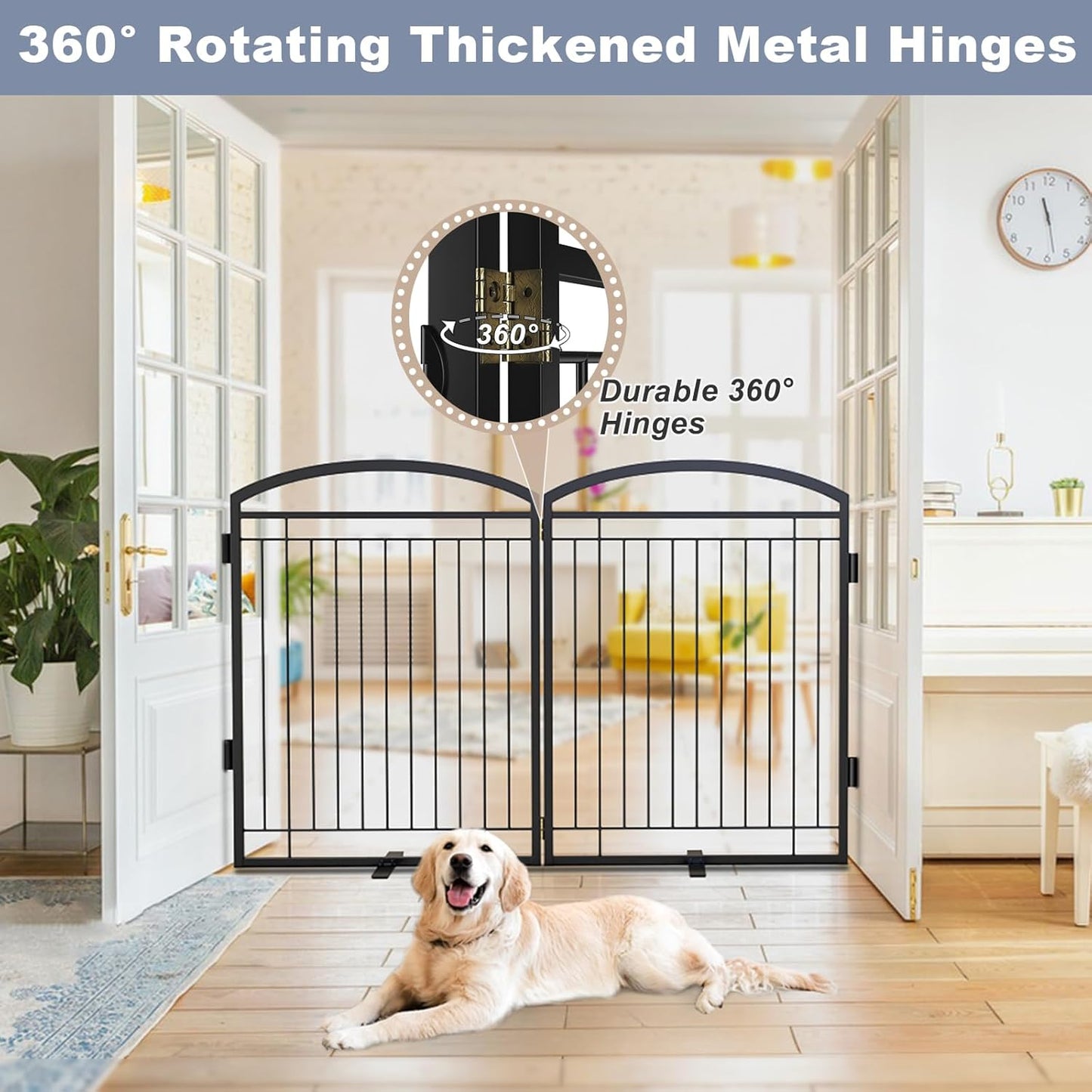 Full Metal Free Standing Dog Gate with Door for Indoor & Outdoor,96'' Extra Wide 32'' Tall Dog Gate for The Doorways,Large Openings,Decks,Porch,Pet Freestanding Safety Fence(4 Panels,Black)