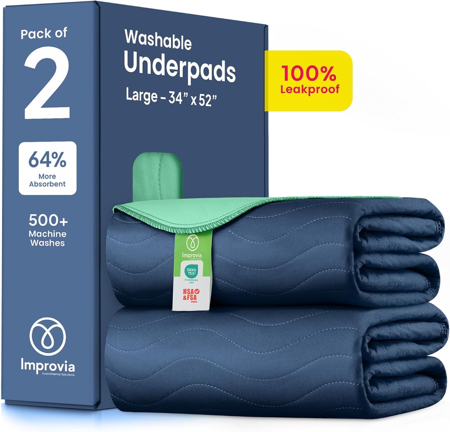 IMPROVIA® Washable Underpads, 34" x 36" (Pack of 4) - Heavy Absorbency Reusable Bedwetting Incontinence Pads for Kids, Adults, Elderly, and Pets - Waterproof Protective Pad for Bed, Couch, Sofa, Floor
