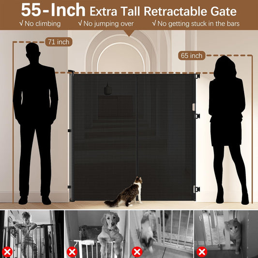 Reinforced 55" Extra Tall Pet Gate for Doorway - No Jumping Over, 55" Wide Retractable Baby Gates with Support Rods - No Crawling Under, Climb Proof Cat Gate for Stairs Tall Retractable Dog Gate/Black