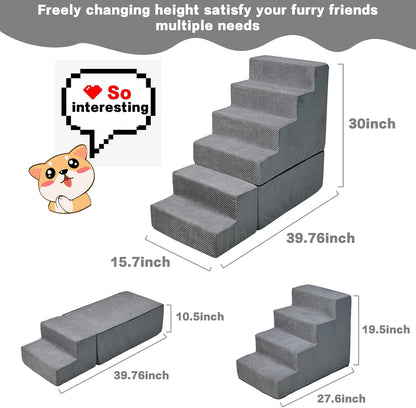 Dog Stairs for High Beds 30-36 inches Tall, 6-Step Dog Steps for Bed 32-36 inches for Small Large Dogs, Doggie Ramp for Bed, 30D Foam Pet Stairs for Old Dogs/Cats, Free-Installation, Grey