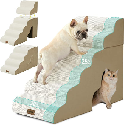 ZOMISIA Dog Ramp for Large Dogs - 24"H 5-Step Pet Stairs for High Beds with Tunnel, 2-in-1 Design with Zippers, Suitable for Indoor Cat Ladders with Non-Slip Bottom, Beige