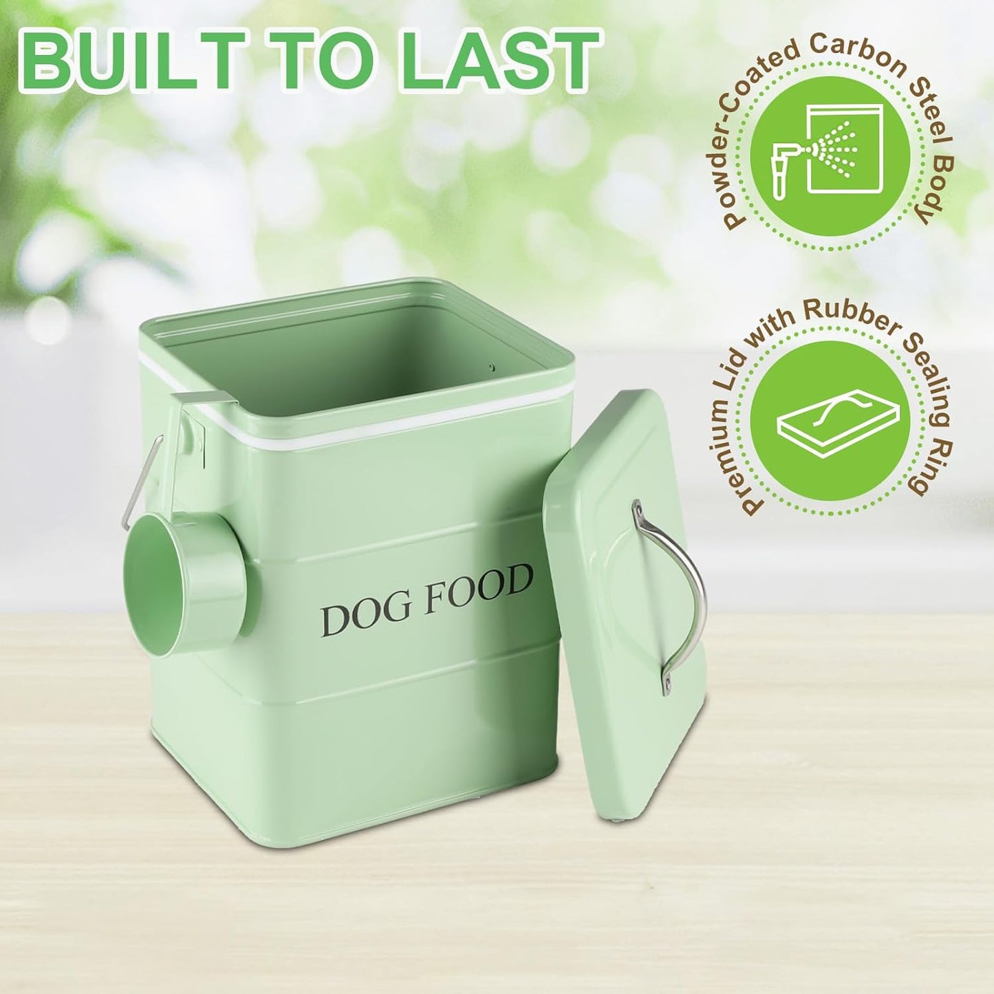 Dog Food storage container Dog Treats Jar,5~6 lb Metal food treats tin for Dog, pet snacks Canisters with wooden lid/handle/sevice scoop-Green