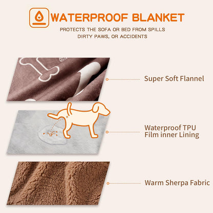 Waterproof Dog Blankets Pet Blanket 50"x60", Soft Fluffy Sofa Car Bed Protector, Reversible Sherpa Fleece Dog Blanket for Large Dogs (Dark Grey-Paws)