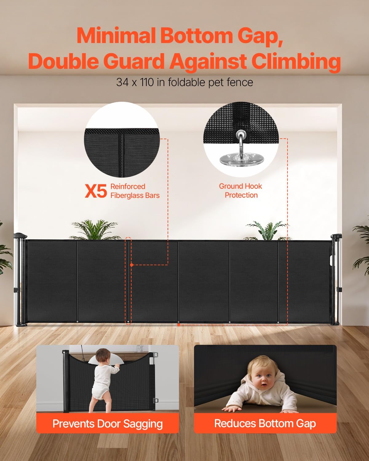 VEVOR Retractable Baby Gate, 34 inch Tall, Extends up to 110 inch Wide, Retractable Gate for Kids or Pets, Mesh Material, Easy to Install for Indoor Stairs, Doorways, Hallways, Playrooms, Gray