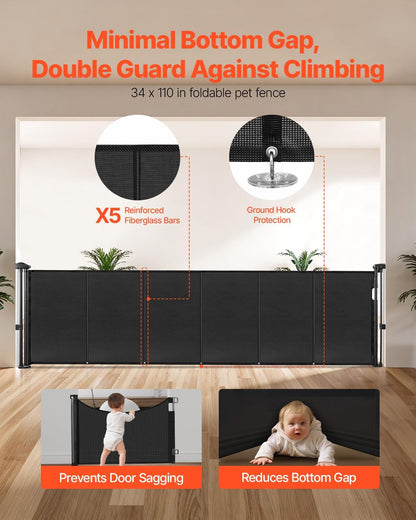 VEVOR Retractable Baby Gate, 34 inch Tall, Extends up to 110 inch Wide, Retractable Gate for Kids or Pets, Mesh Material, Easy to Install for Indoor Stairs, Doorways, Hallways, Playrooms, Gray