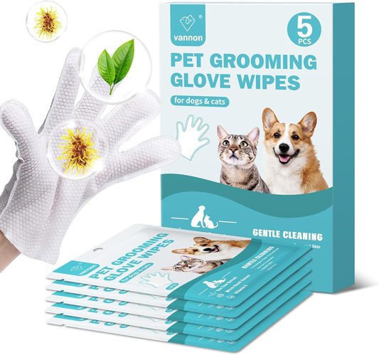 Vannon Extra Thick Pet Bathing Wipes for Dogs & Cats, Cleaning & Odor-Controlling Grooming Gloves, Nourish Fur Glove Wipes for Daily Care and Traveling, Rinse Free, Unscented, 6 PCS