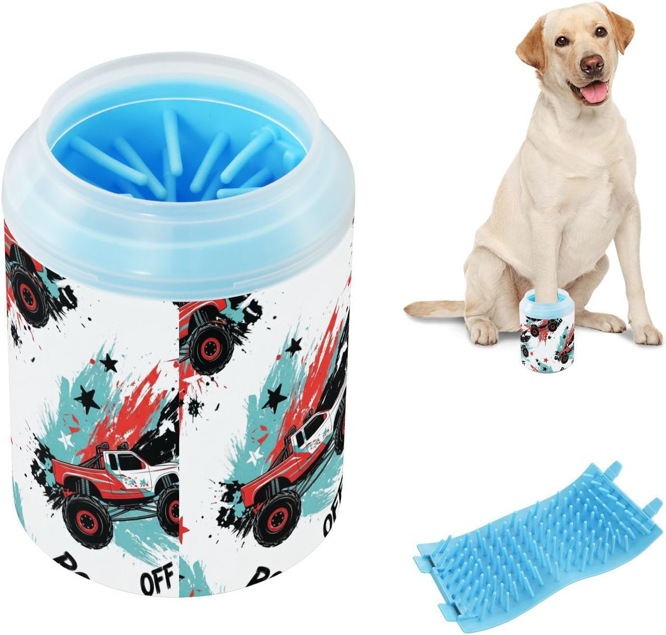 Monster Truck White Print Dog Paw Cleaner Cup with Soft Silicone Brush, Portable Lightweight Small Muddy Paw Washer for Dogs, Easy to Use Pet Foot Cleaner