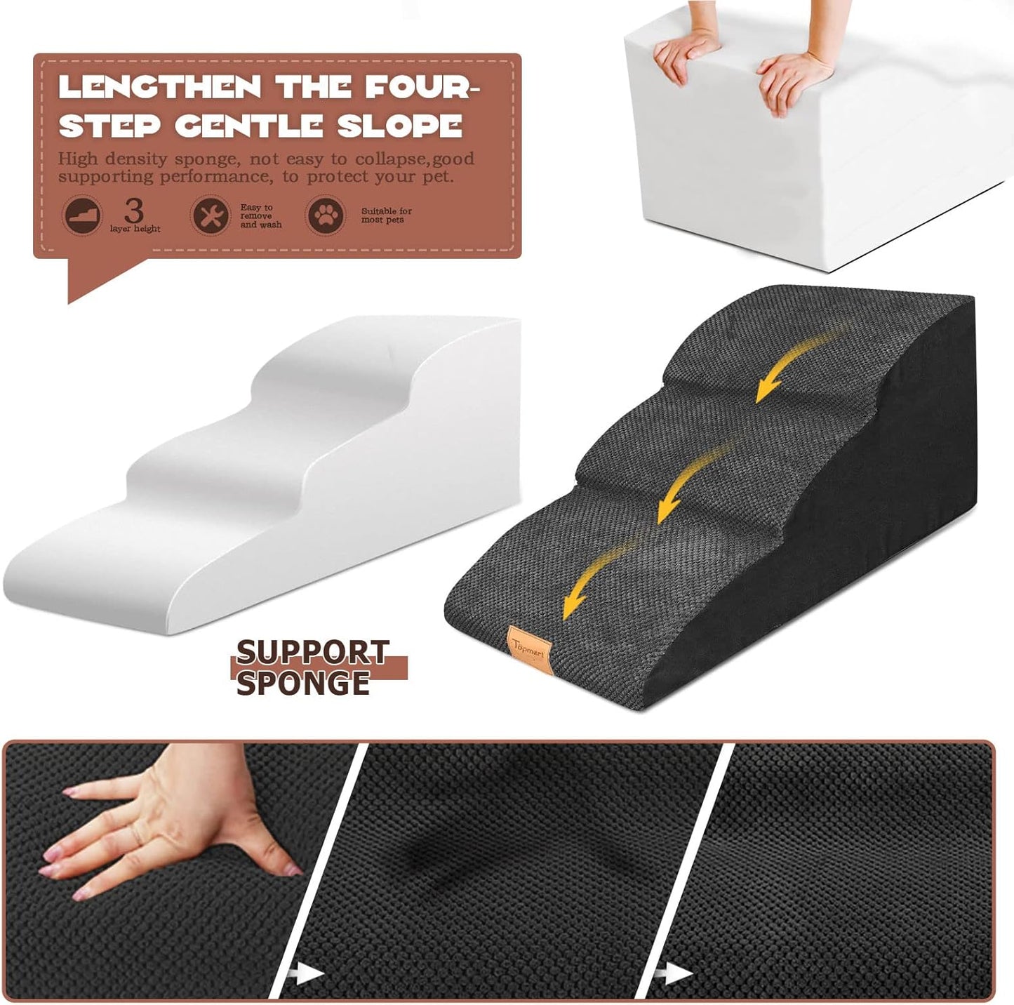 Topmart High Density Extended Foam Dog Ramp&Steps 2 Tiers,11.8" High,Non-Slip Dog Stairs,Soft Foam Pet Ladder with Removable Cover,Best for Injured,Older Cats,Pets with Joint Pain