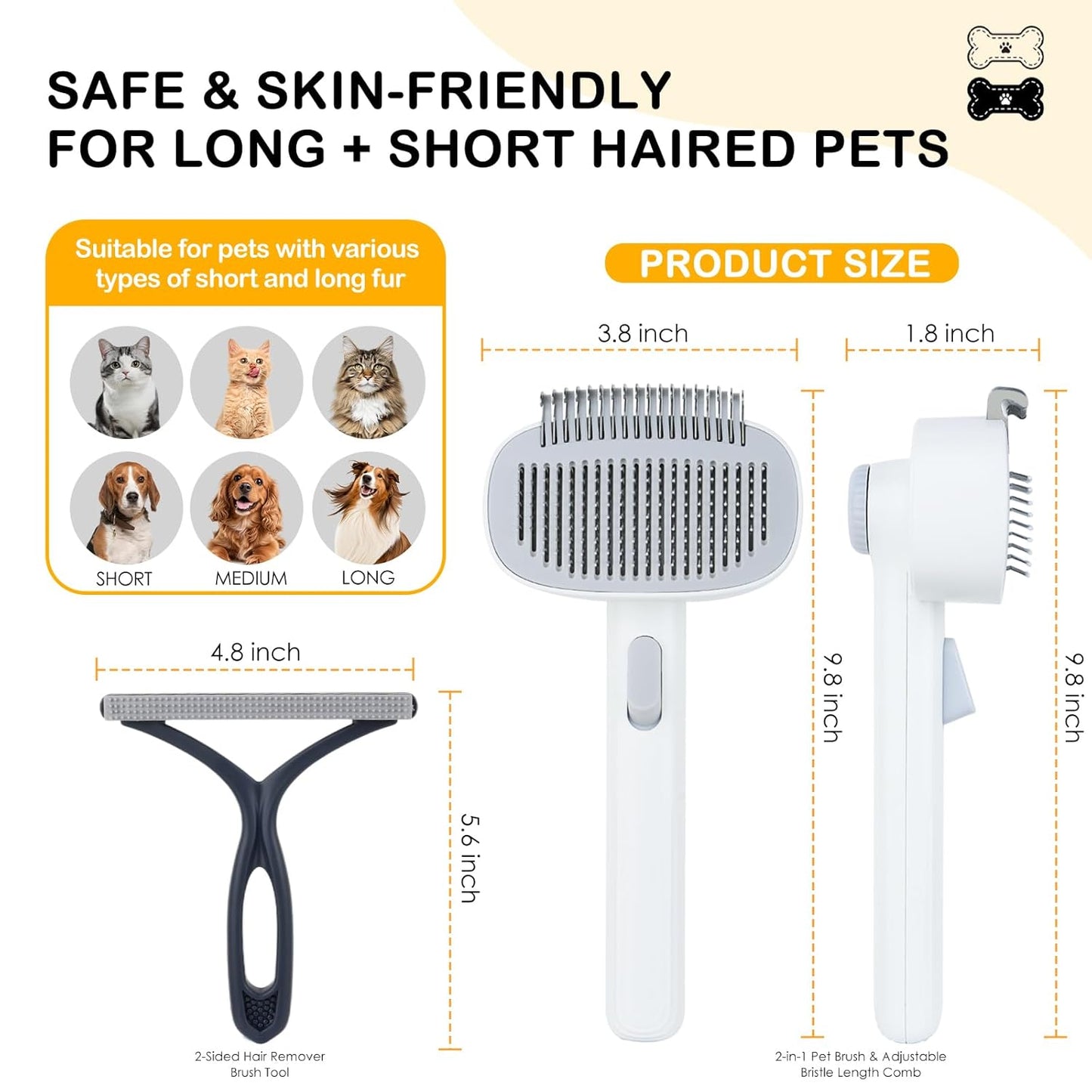 2-IN-1 Pet Self-Deshedding and Grooming Brush, Dogs and Cats Brush with Undercoat Rake & Adjustable Bristle Length Comb, One-Click Hair Removal for Matted Fur Tangles Removal Long and Short Hair Pets