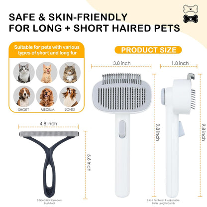 2-IN-1 Pet Self-Deshedding and Grooming Brush, Dogs and Cats Brush with Undercoat Rake & Adjustable Bristle Length Comb, One-Click Hair Removal for Matted Fur Tangles Removal Long and Short Hair Pets