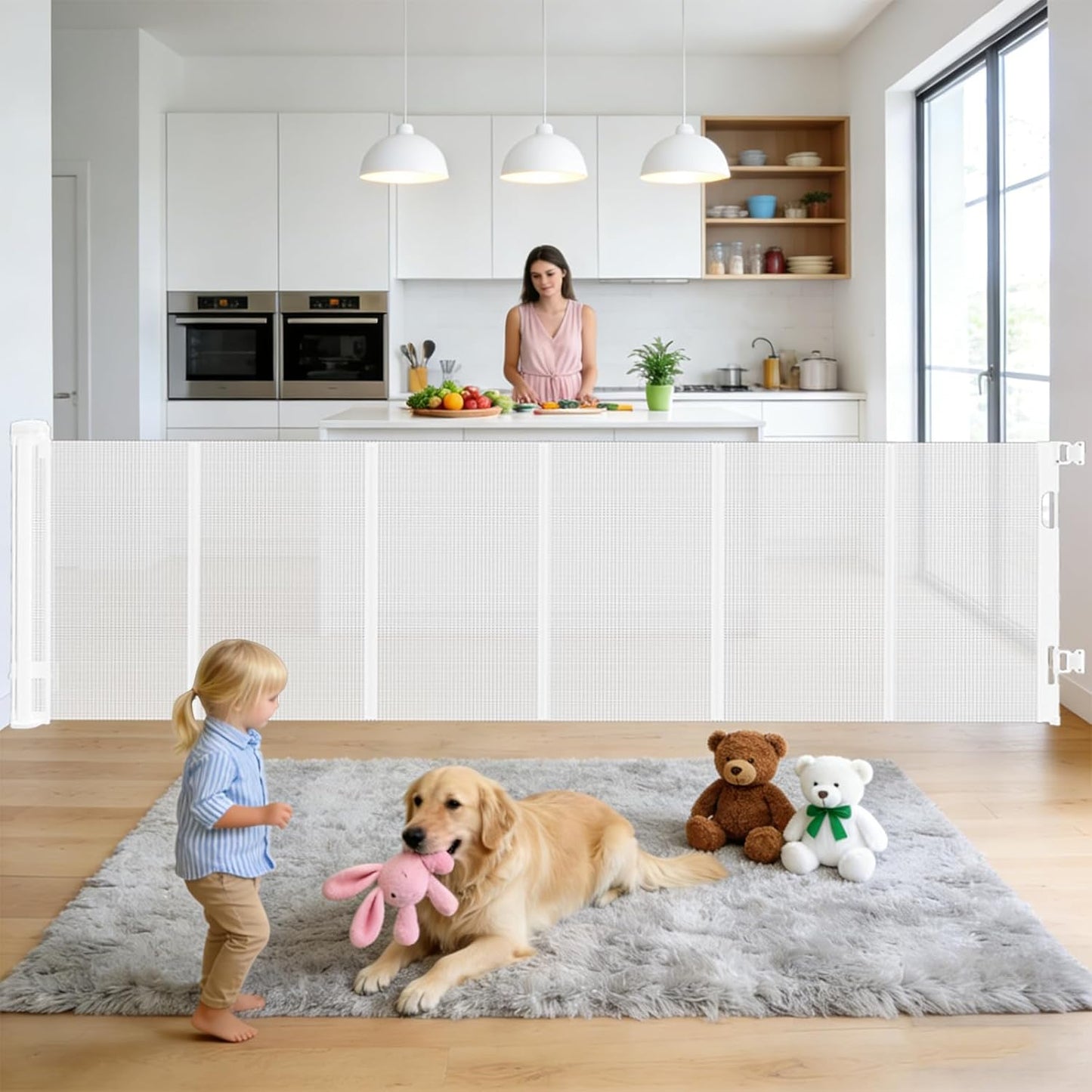 Retractable Baby Gate, 55 in Wide x 33 in Tall Mesh Dog Gate, Hardware Mounted Safety Gate with Double Lock for Doorways, Hallways, Indoor Outdoor, White