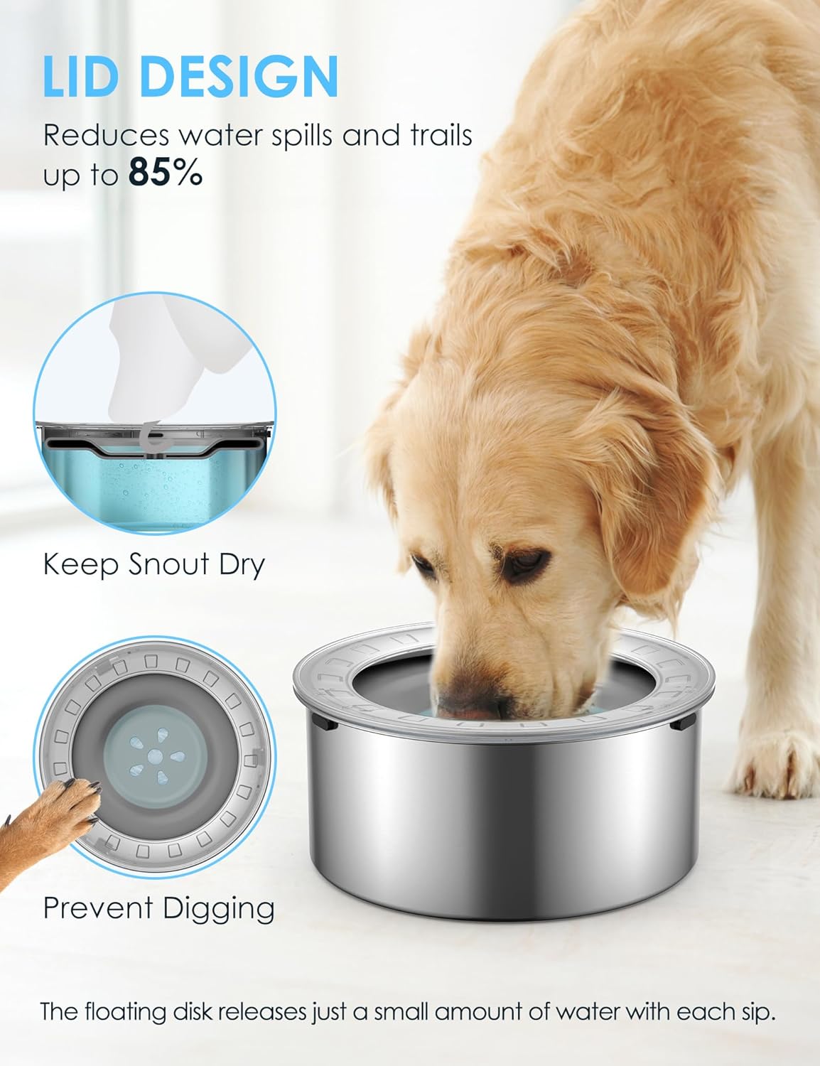 Heouvo 1 Gallon Large Dog Water Bowl No Spill,【Anti Digging Lid & Rubber Bottom】 Spill Proof Dog Bowl, Anti Splash Mess Dripless Slow Drinking Stainless Steel Water for Sloppy Messy Drinkers Car