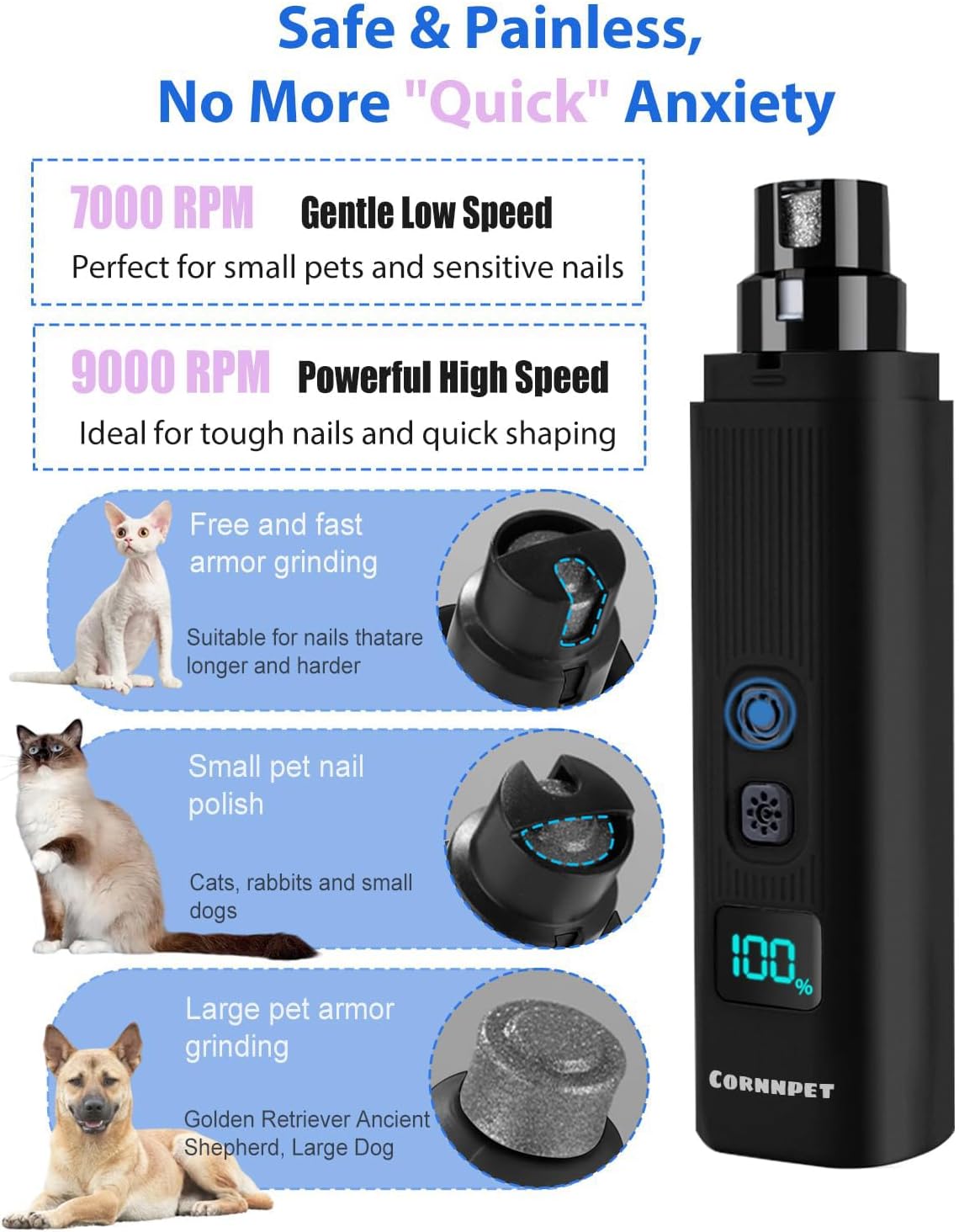 Electric Dog Nail Grinder with 2 Level LED Lights, 2 Speed 30dB Super Quiet and Low Vibration Turbo Charge Pet Nail Grinder for Small Dogs and Cats - White