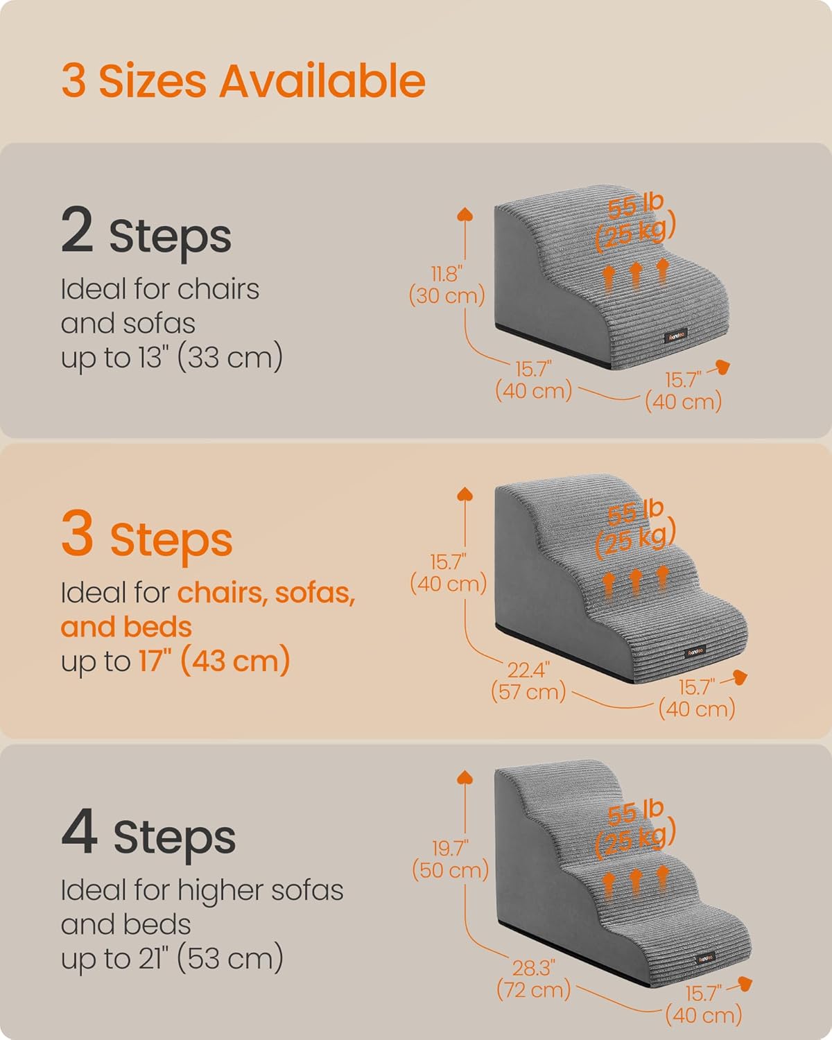 Feandrea 3-Step Dog Stairs, Dog Steps for Bed, Sofa, Waterproof Pet Stairs with Anti-Slip Designs, Gentle Slope, Removable Washable Cover, Handle, Dove Gray UPPS003G01