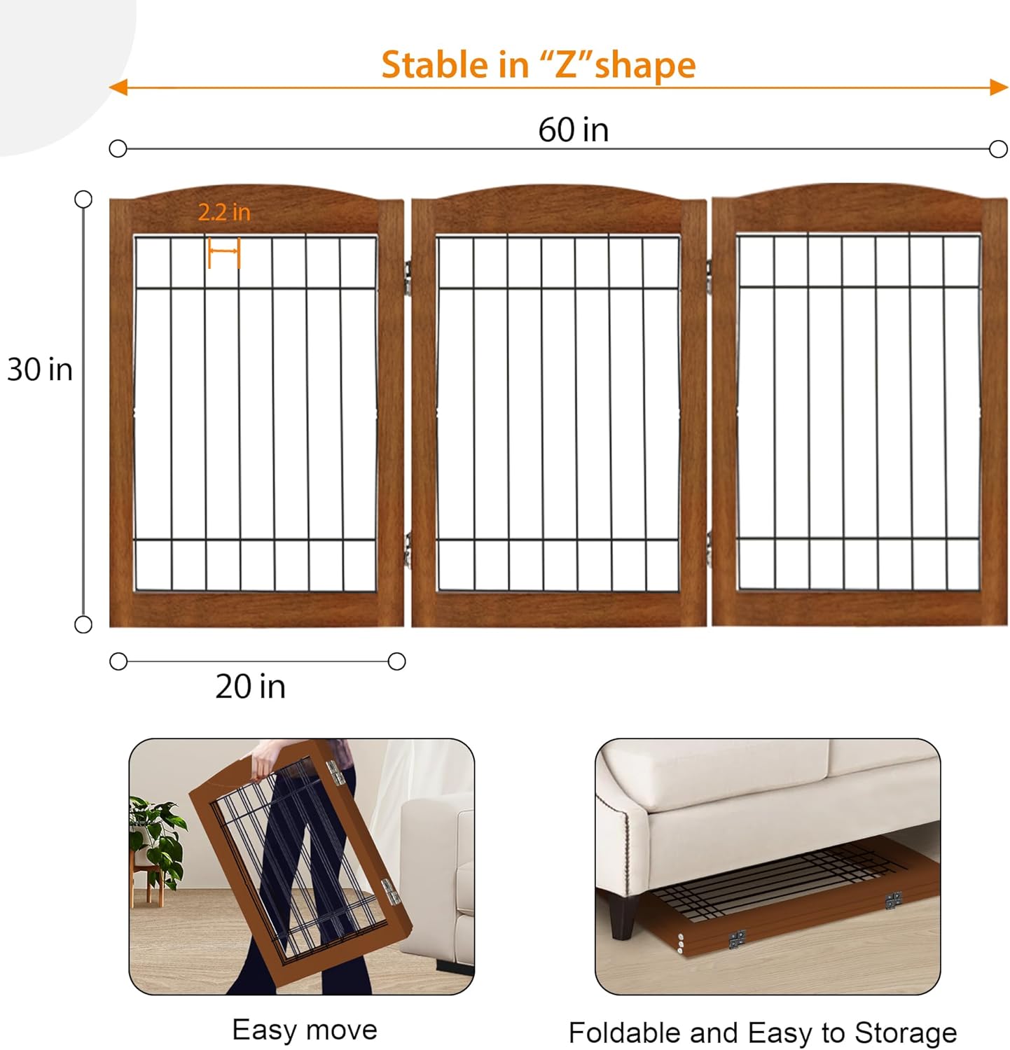LZRS 2-Panel Freestanding Foldable Wood Dog Gate – Solid Wood & Steel Wire, Chew-Resistant Pet Barrier for Indoor Use, Ideal for Small to Medium Dogs, White