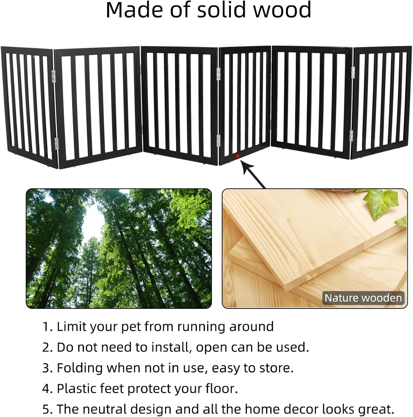 Dog Gate Indoor, Freestanding Dog Fence for The House, Doorways, Hallways,or Stairs,Pet Gate Foldable Wooden,Expandable 24" Height 3 Panels,White
