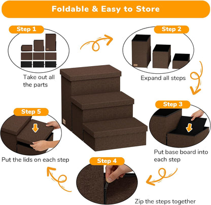 3-Step Wide Dog Stairs with Hidden Storage 18" H, Non-Slip Dog Steps for High Bed Couch Window Car, Jiont-Friendly Pet Stairs Ramp for Small/Medium/Large Old Dogs Cats Up to 200lbs, Grey