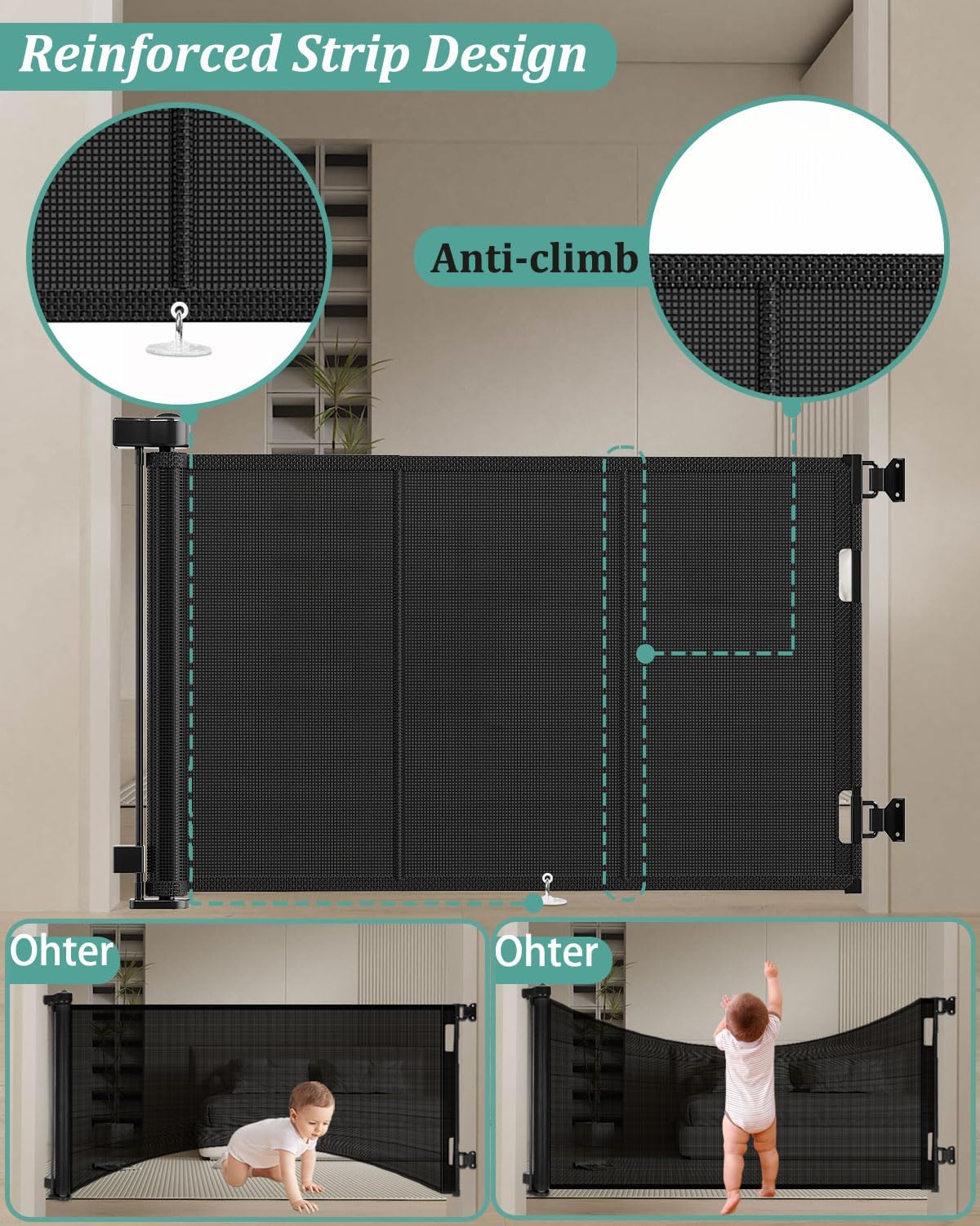 Miumoon 120 inch Retractable Baby Gates 34 inch Tall, Retractable Gate with Reinforced Strip Design to Prevent Crawling Through, 10 FT Extra Wide Retractable Dog Gate for Indoor/Outdoor